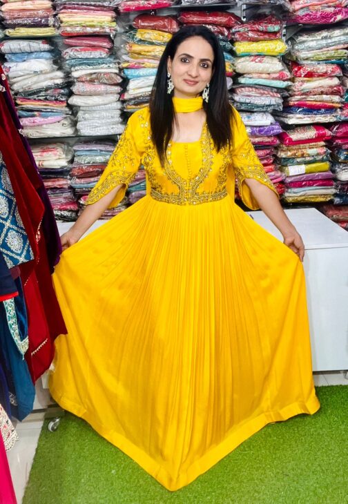 Pure Chinon Yellow Hand Embroidered Party Gown