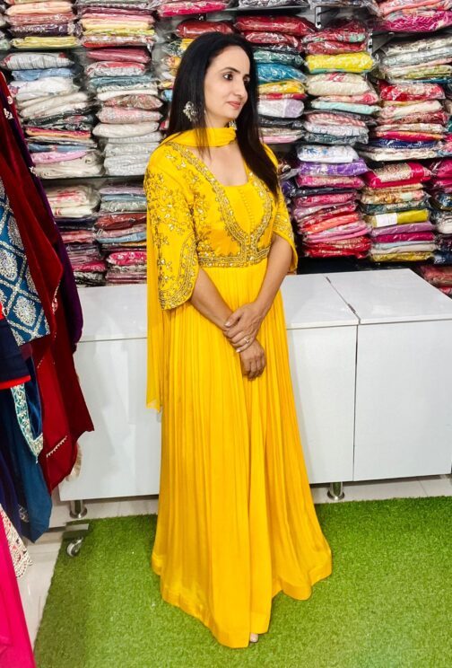 Pure Chinon Yellow Hand Embroidered Party Gown