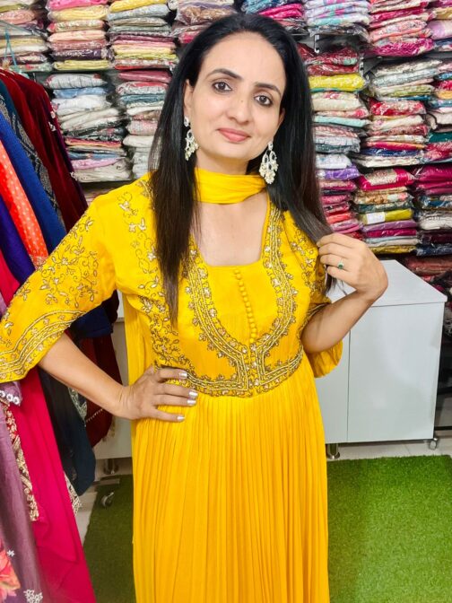 Pure Chinon Yellow Hand Embroidered Party Gown