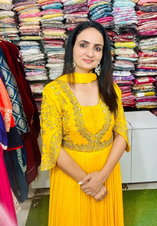 Pure Chinon Yellow Hand Embroidered Party Gown