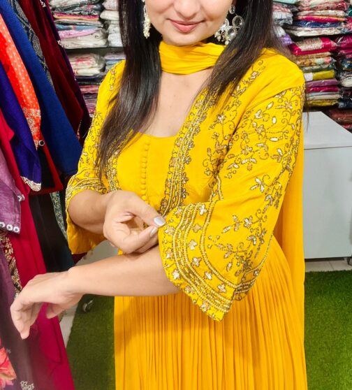 Pure Chinon Yellow Hand Embroidered Party Gown