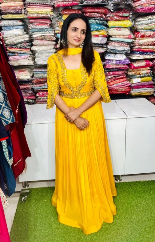 Pure Chinon Yellow Hand Embroidered Party Gown