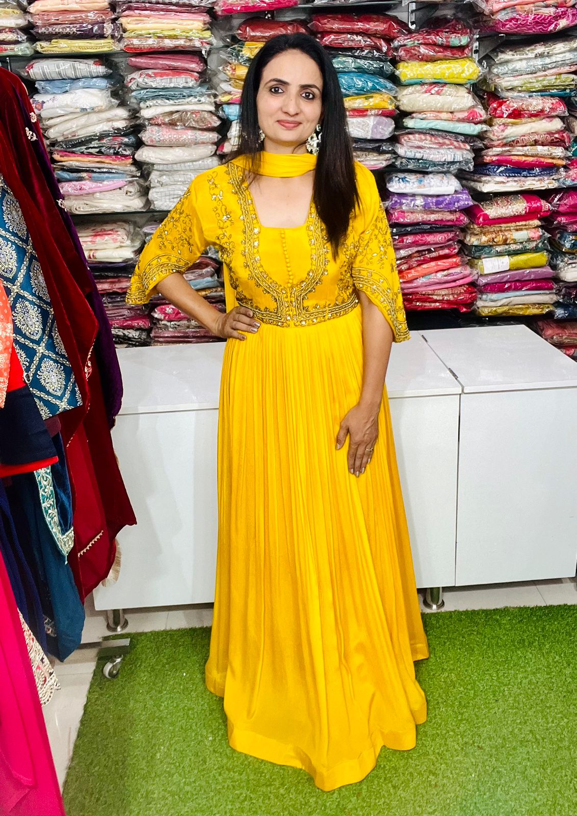 Pure Chinon Yellow Hand Embroidered Party Gown