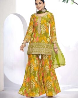 Green Chinnon Silk Embroidered Sharara Set