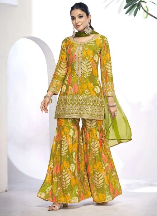 Green Chinnon Silk Embroidered Sharara Set