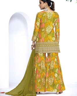 Green Chinnon Silk Embroidered Sharara Set