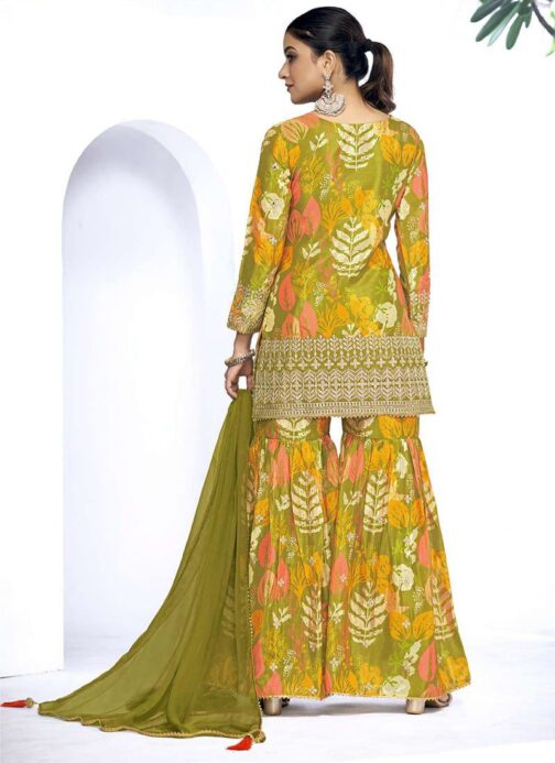 Green Chinnon Silk Embroidered Sharara Set
