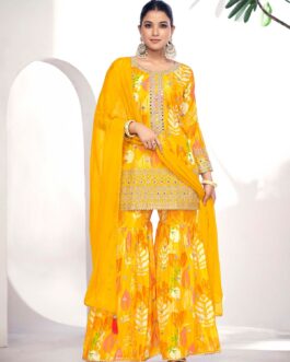 Mustard Premium Pure Chinon Sharara Suit