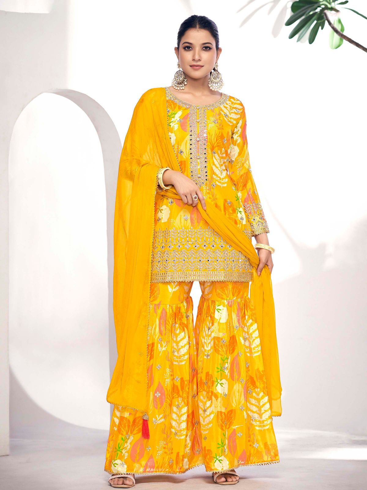 Mustard Premium Pure Chinon Sharara Suit