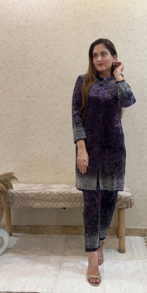 Beautiful Velvet Siroski Work Designer Coord Set