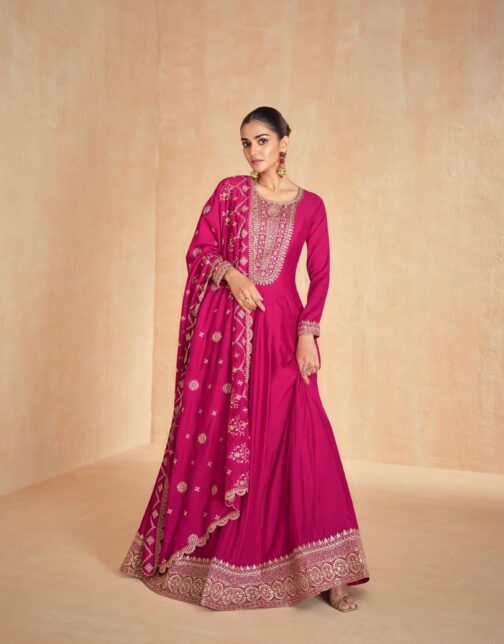 Pink Anarkali Suit in Premium Silk with Golden Embroidered Dupatta