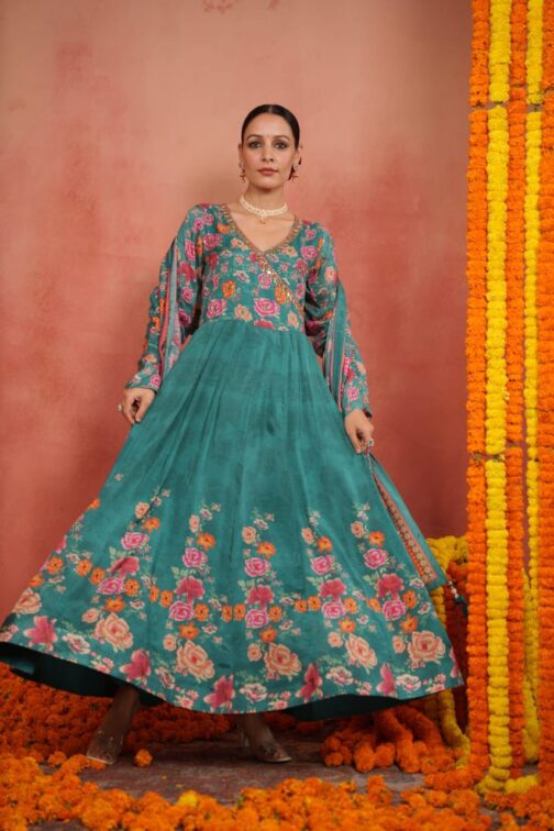 Beautiful Digital Print Green Anarkali Set with Embroidery