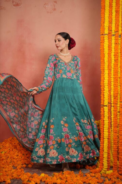 Beautiful Digital Print Green Anarkali Set with Embroidery