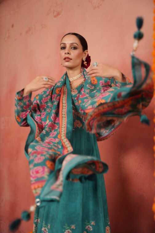 Beautiful Digital Print Green Anarkali Set with Embroidery