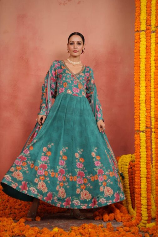 Beautiful Digital Print Green Anarkali Set with Embroidery