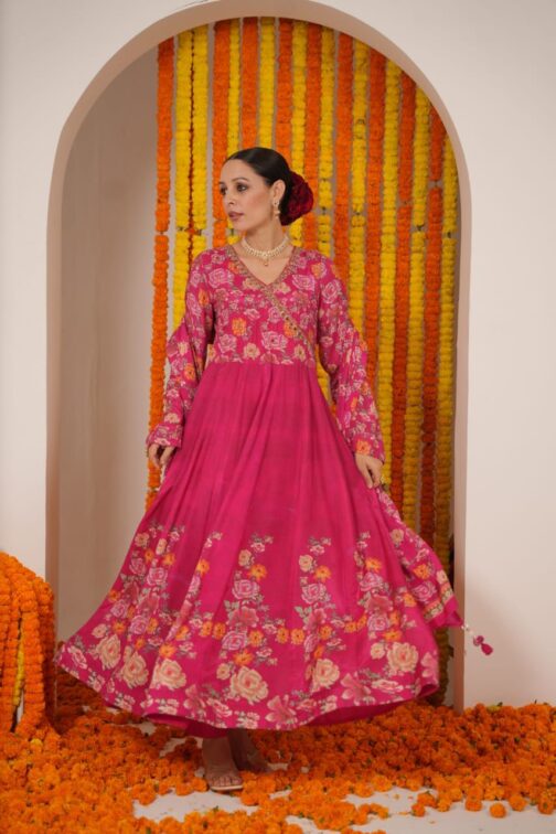 Beautiful Digital Print Pink Anarkali Set with Embroidery