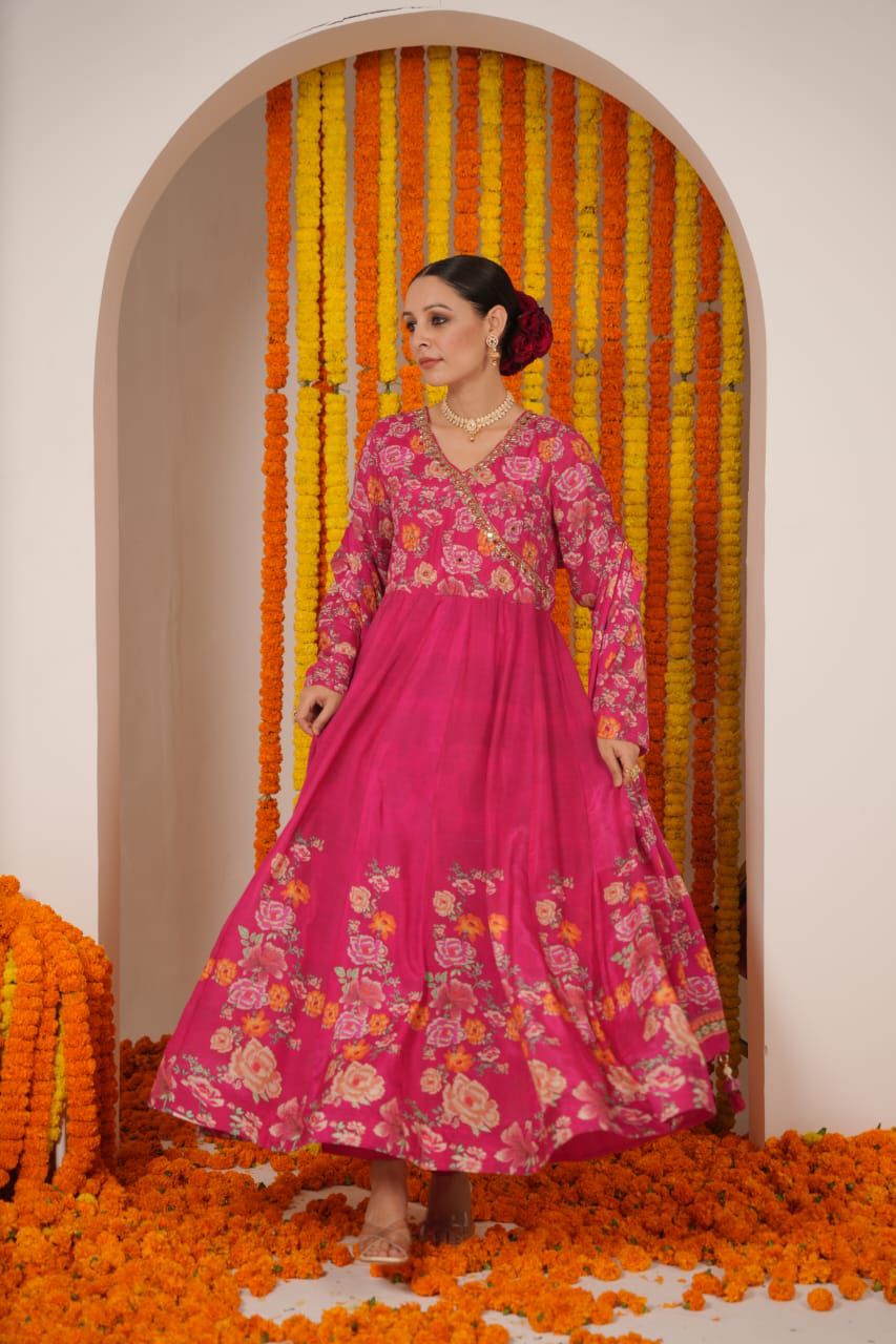 Beautiful Digital Print Pink Anarkali Set with Embroidery