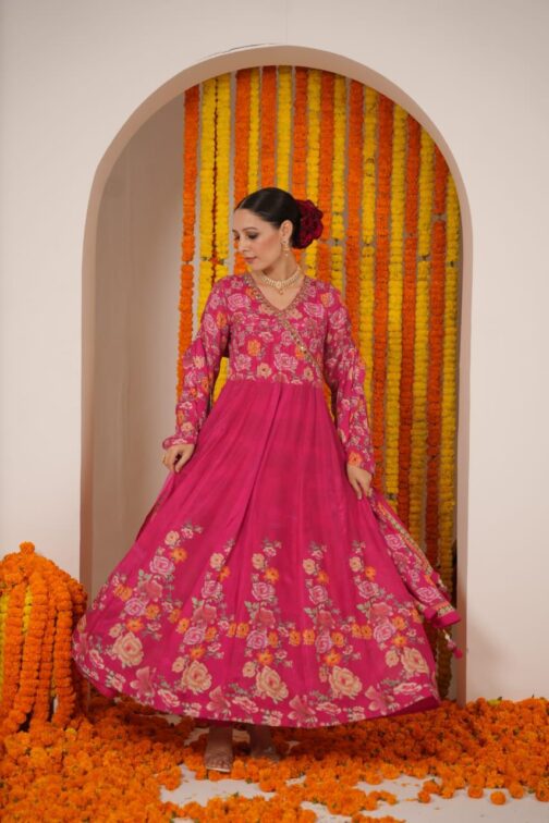Beautiful Digital Print Pink Anarkali Set with Embroidery