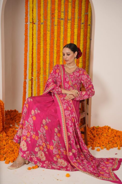 Beautiful Digital Print Pink Anarkali Set with Embroidery