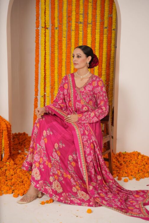 Beautiful Digital Print Pink Anarkali Set with Embroidery