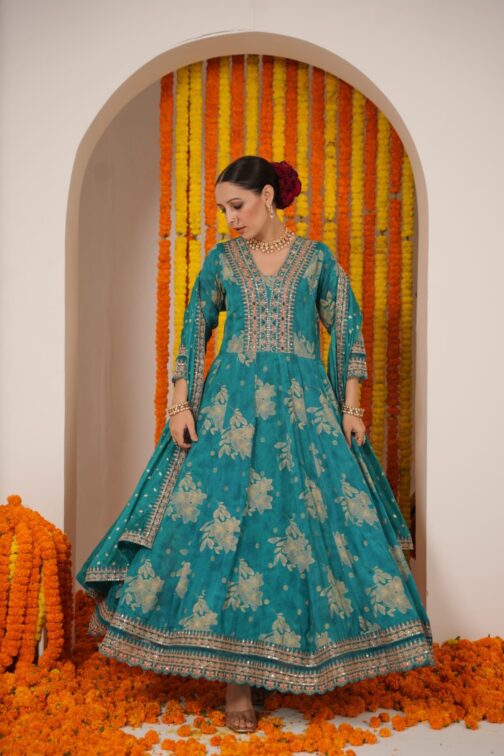 Beautiful Pure Chinon Green Anarkali Set