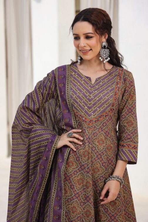 Designer Ajrak Print Cotton Anarkali Suit Set