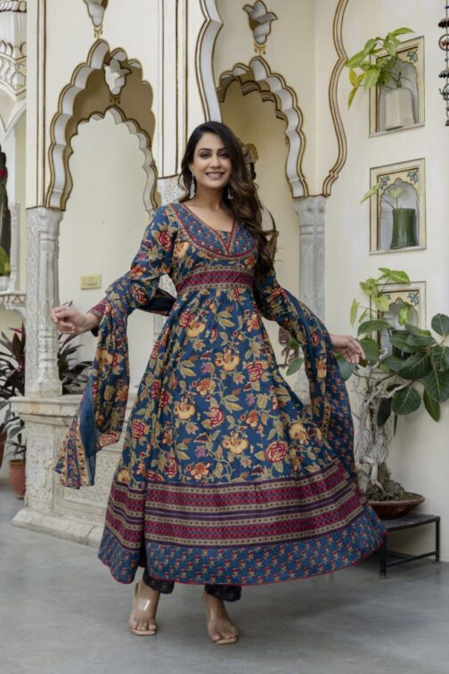 Pure Mal Cotton Designer Blue Anarkali