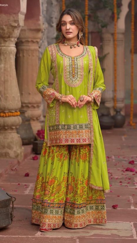 Designer Sharara Suit Set in Mehandi Green