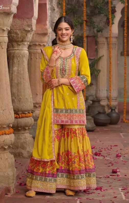 Designer Sharara Suit Set in Yellow