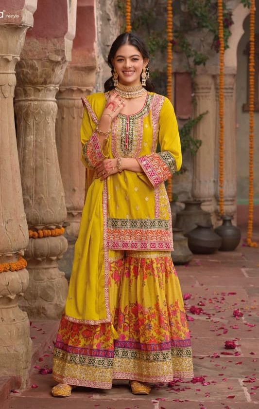 Designer Sharara Suit Set in Yellow