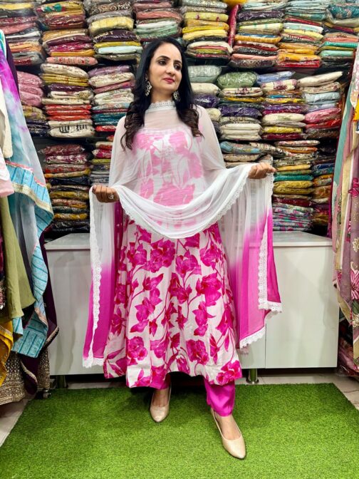A vibrant designer digital print Anarkali set featuring intricate patterns, featuring a long flowing kurta with detailed motifs, paired with matching churidar and a stylish dupatta, perfect for festive and special occasions.