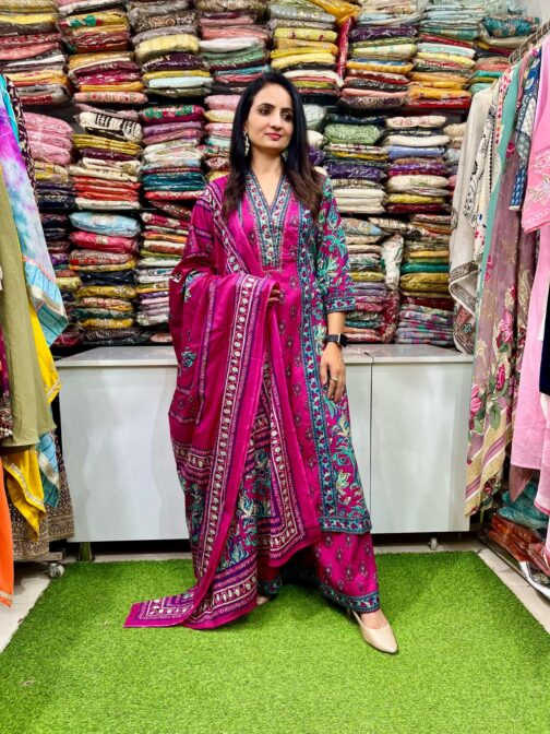 Elegant Premium Pure Cotton Anarkali featuring embroidered neckline, complemented by a flared plazzo and a pure cotton dupatta.