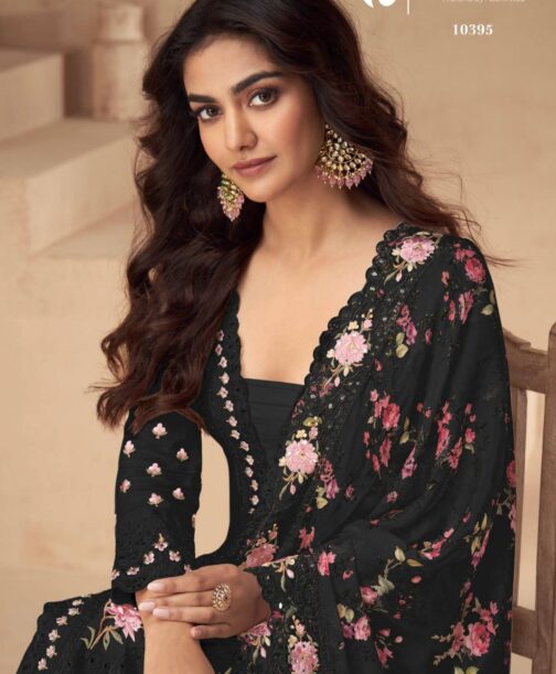 Premium Pakistani suit made of pure chinon fabric with embroidery, complemented by a designer palazzo and matching dupatta.