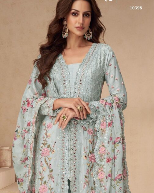 Luxury Pakistani suit crafted in pure chinon with intricate embroidery, complemented by a designer palazzo and matching dupatta.