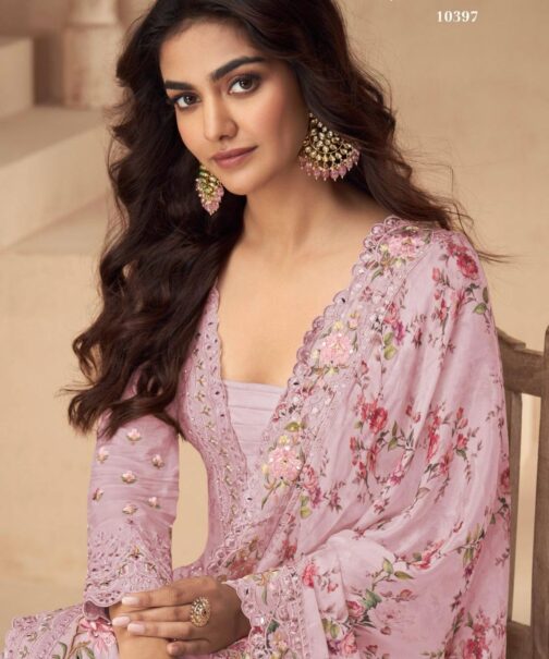 Exclusive Pakistani suit made of pure chinon fabric with embroidery, paired with a designer palazzo and matching dupatta.