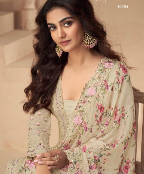 Premium Pakistani suit crafted in pure chinon with intricate embroidery, complemented by a designer palazzo and matching dupatta