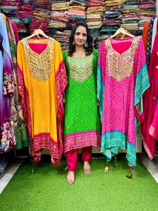 Pure Crape Bandhej Print Kaftan Set with Hand embroider