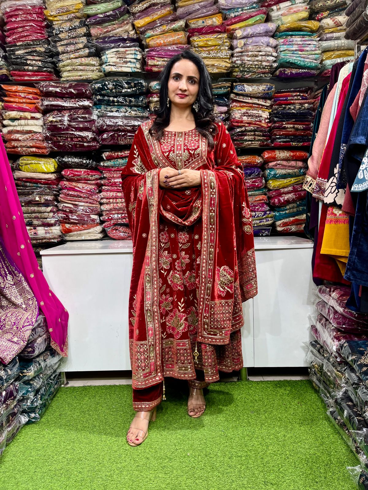 Beautiful Rust Color Velvet Anarkali Set - Image 3