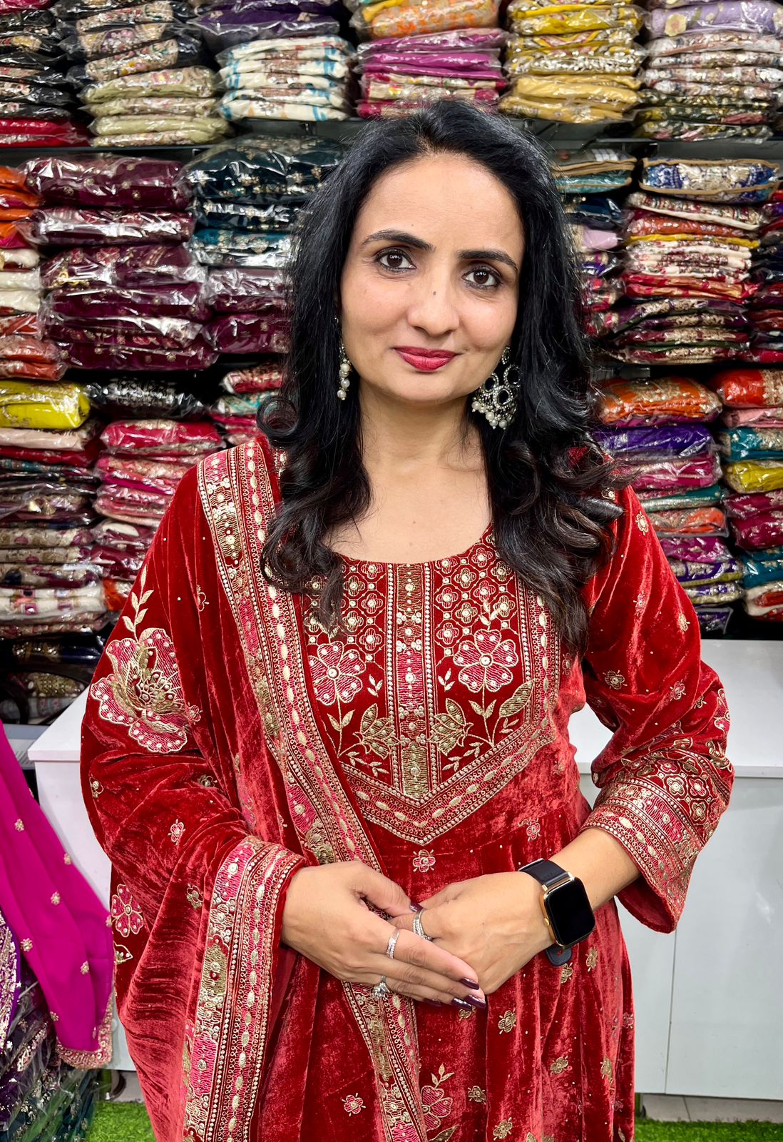 Beautiful Rust Color Velvet Anarkali Set - Image 2