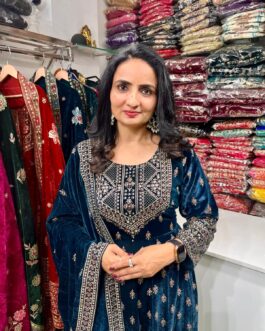 Beautiful Velvet Teal Blue Anarkali Set