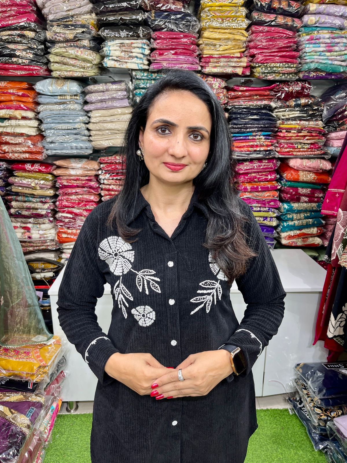 Black Cotrise Velvet Coord Set with Hand Embroidery - Image 3