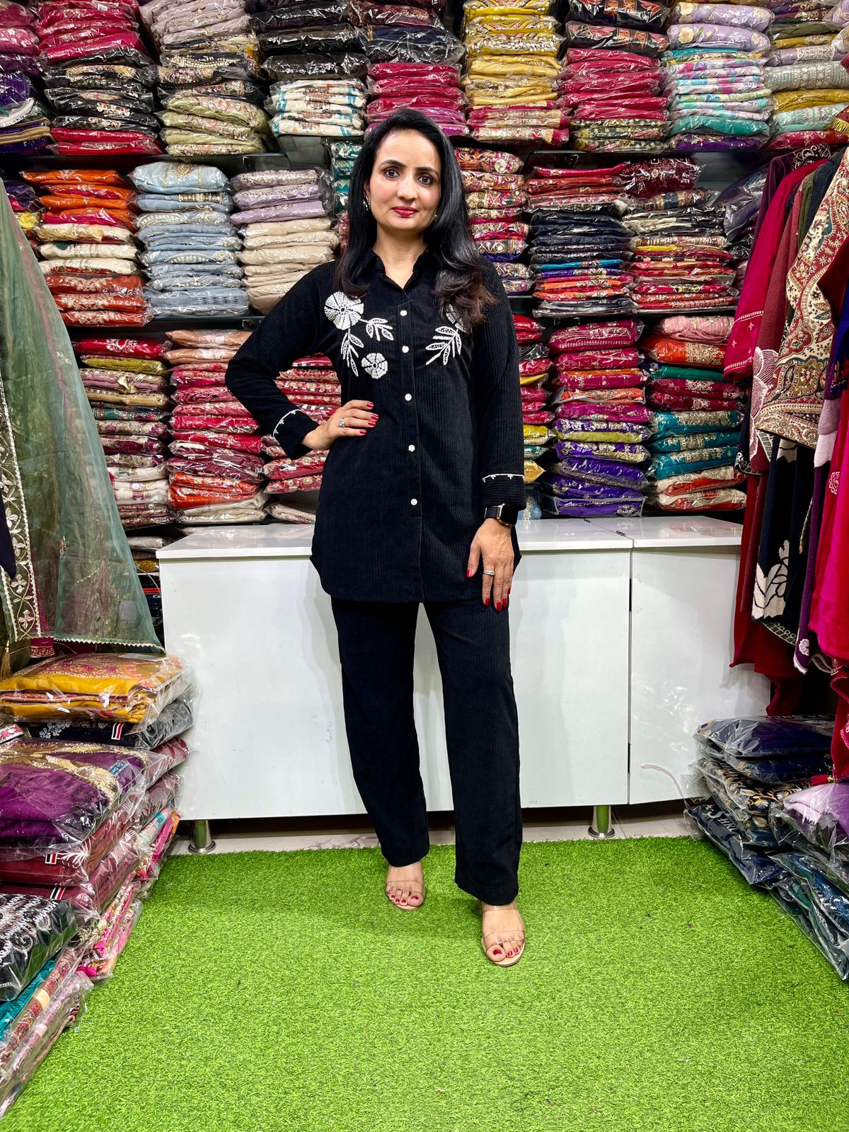 Black Cotrise Velvet Coord Set with Hand Embroidery - Image 2