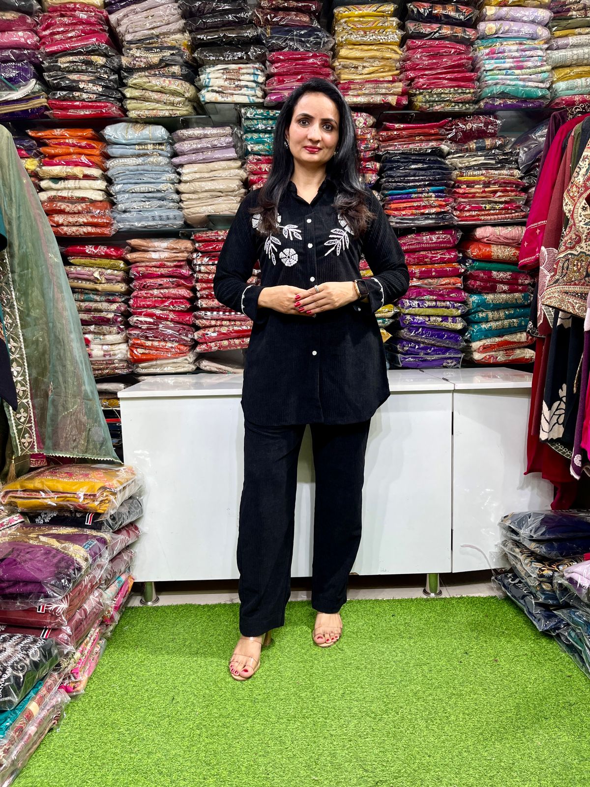 Black Cotrise Velvet Coord Set with Hand Embroidery