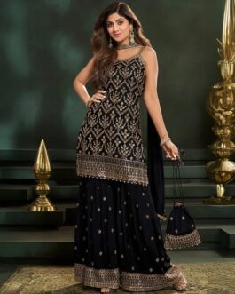Black Georgette Sharara Kurti Set with Potli