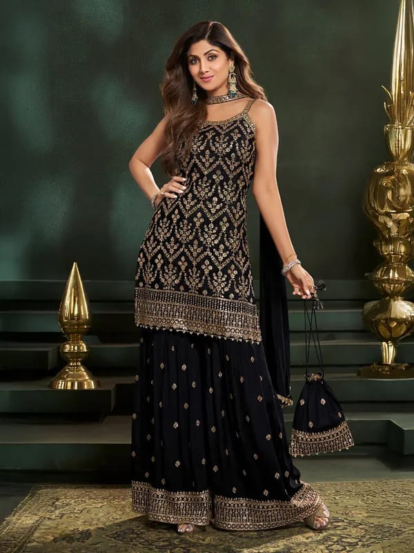 Black Georgette Sharara Kurti Set with Potli