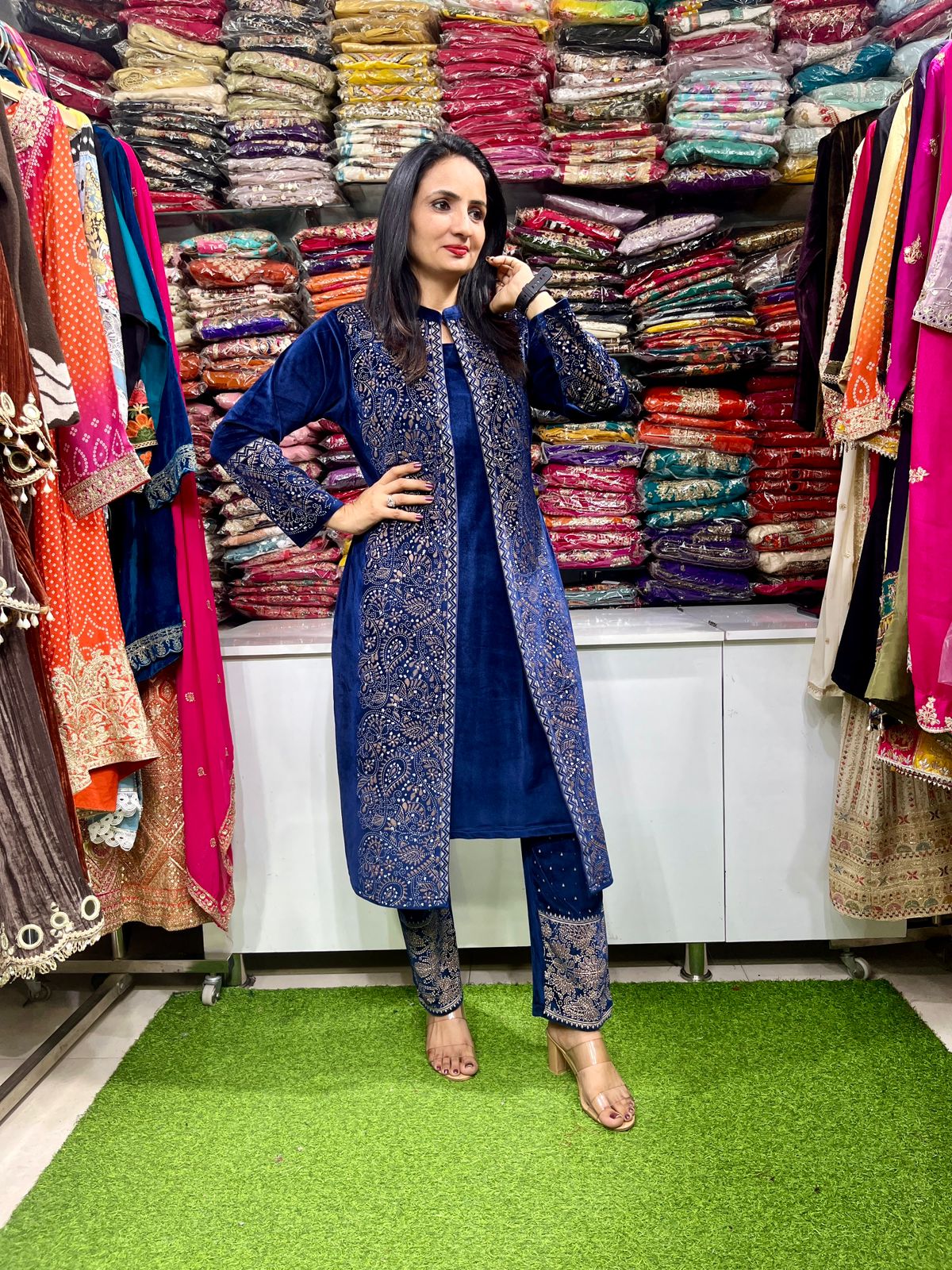 Dark Navy Woollen Long length Coord set With Beautiful Printed Shrug - Image 6