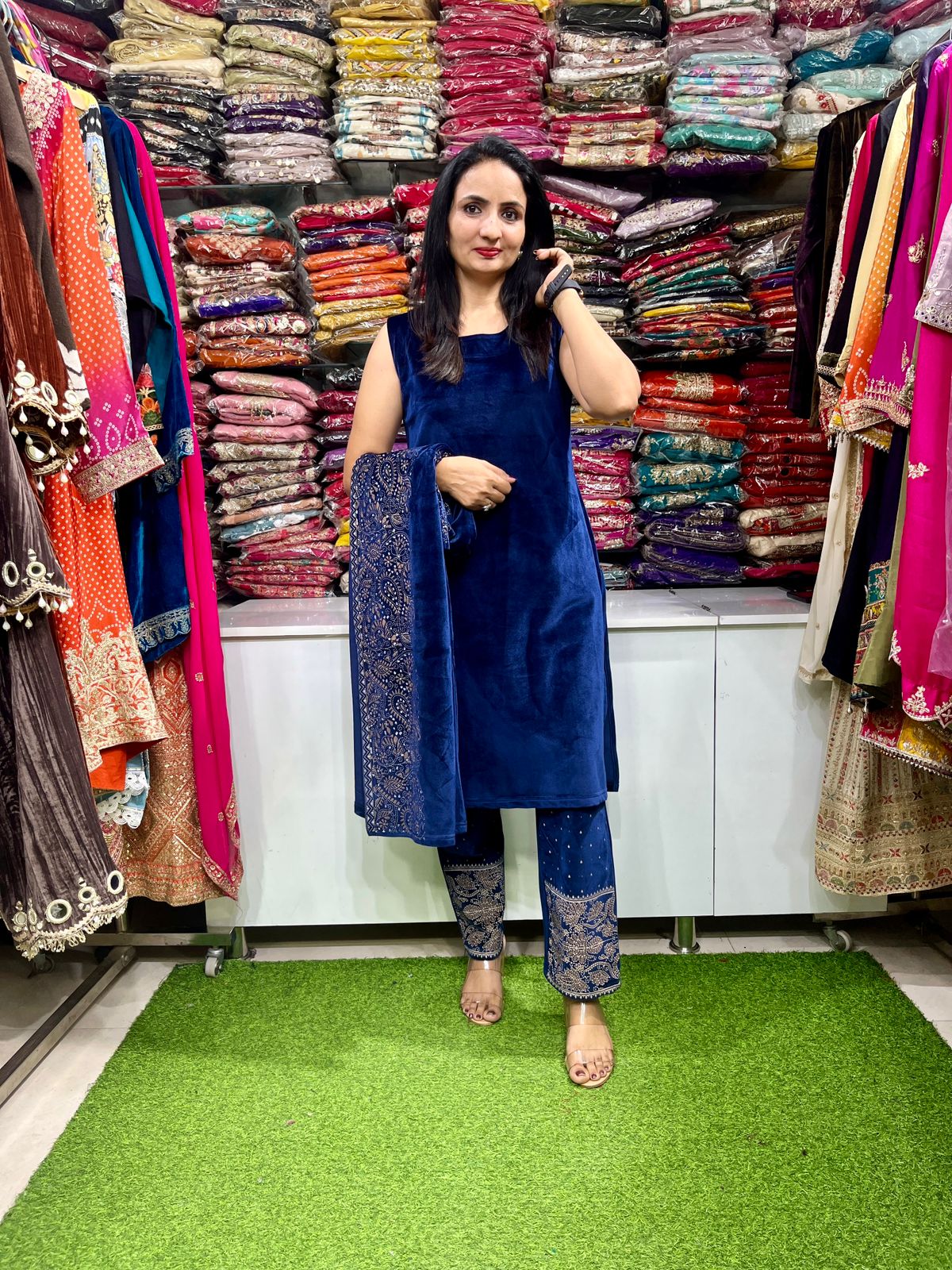 Dark Navy Woollen Long length Coord set With Beautiful Printed Shrug - Image 5