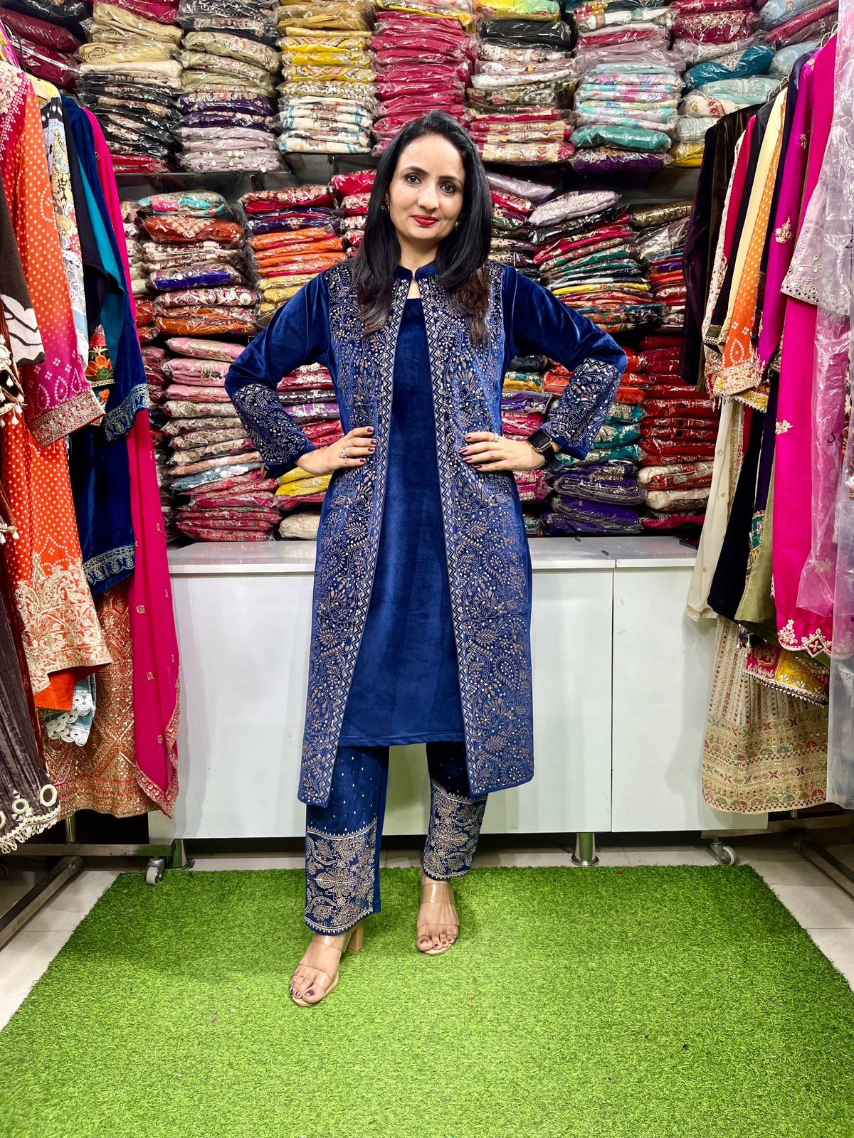 Dark Navy Woollen Long length Coord set With Beautiful Printed Shrug - Image 3