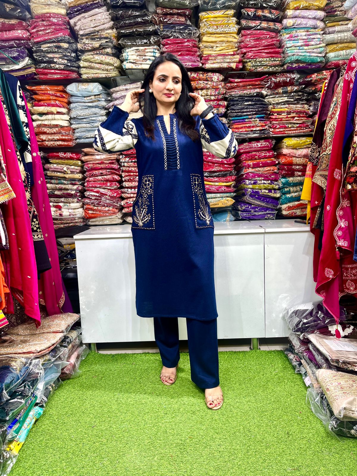 Designer Knitted Wool Coord set with Zari embroidery - Image 6