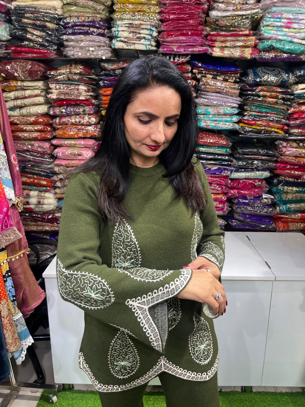 Designer Knitted Woollen Coord Set with Embroidery - Image 2